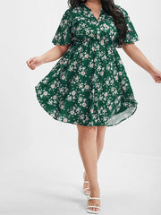 Floral Pocket Ruffled V Neck Short Dress