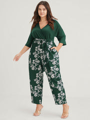 Floral Print Button Dolman Sleeve Pocket Knotted Wrap Jumpsuit
