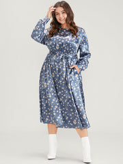 Floral Keyhole Back Pocket Belted Satin Midi Dress