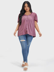 Plain Contrast Lace Ruffles Button V Neck Blouse