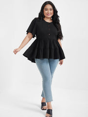 Solid Ruffles Button Round Neck T-shirt