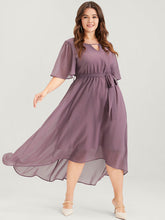 Solid Keyhole Neck Ruffle Asymmetrical Hem Belted Maxi Dress