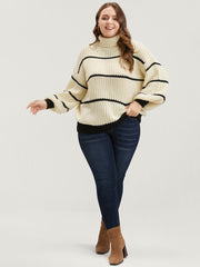 Striped Contrast Pointelle Knit Lantern Sleeve Funnel Neck Knit Top