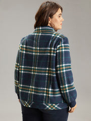 Plaid Button Detail Pocket Zipper Jacket