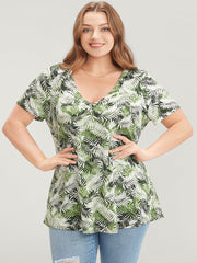 Tropical Print V Neck Contrast T-shirt