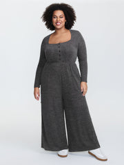 Stretchy Button Placket Wide-Leg Jumpsuit