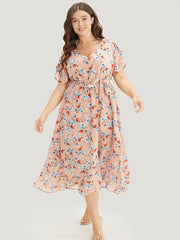 Floral Pocket Ruffles Split Sleeve Asymmetrical Hem Dress