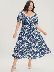 Floral Print Pocket Puff Sleeve Ruched Pocket Ruffle Hem Dress