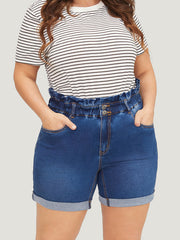 Very Stretchy High Rise Medium Wash Paperbag Waist Denim Shorts