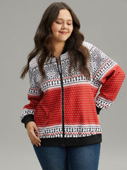 Christmas Patchwork Zipper Contrast Jacket