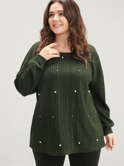 Solid Round Neck Pearls Beaded Rib Knit Sweatshirt
