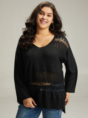 Solid Hollow Out Split V Neck Pullover