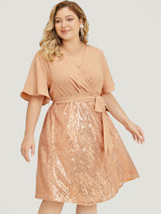 Sequin Patchwork Pocket Belted Surplice Neck Ruffle Dress