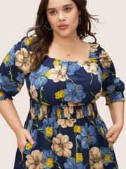 Floral Print Square Neck Shirred Cuffs Dress