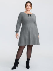 Bowknot Neckline Cinched-Waist A-Line Sweater Dress