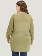 Solid Patched Pocket Geometric Eyelet Raglan Sleeve Cardigan