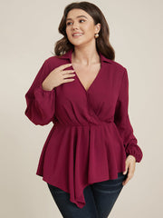 Solid Lantern Sleeve Surplice Neck Asymmetrical Hem Blouse