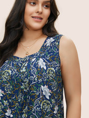 Boho Print Plicated Detail Square Neck Tank Top