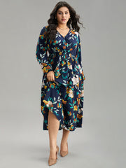 Floral Print Shirred Lantern Sleeve Dress