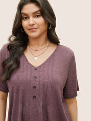 Solid Pleated Front Button Detail V Neck T-shirt