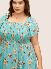 Floral Shirred Elastic Waist Split Hem Dress