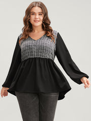 Gingham Tweed Lantern Sleeve Asymmetrical Hem Blouse