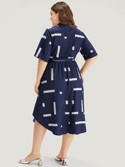 Geometric Print Shirt Collar Button Up Belted Dress