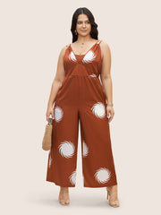 V Neck Sun Print Gathered Jumpsuit