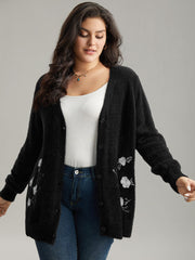 Floral Embroidered Fuzzy Open Front Cardigan