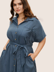 Shirt Collar Striped Curved Hem Midi Dress