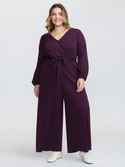 Stretchy Wrap Neckline Adjustable Belt Jumpsuit