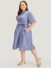 Striped Print Belt Pocket Notched Button Up Dress