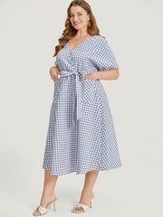 Gingham Print Roll Batwing Sleeve Belt Pocket Wrap Dress