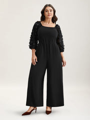 Floral Mesh Sleeve Pockets Straight-Leg Jumpsuit