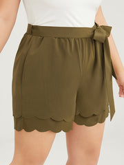 Solid Belted Pocket Scalloped Trim Tiered Shorts