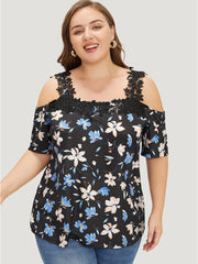 Floral Guipure Lace Cold Shoulder T-shirt