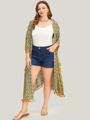Bandana Batwing Sleeve Tassels Trim Split Open Front Kimono