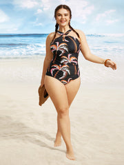 Halter Tropical Print Keyhole One Piece Swimsuit