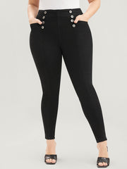 Skinny Slightly Stretchy High Rise Black Wash Button Detail Pocket Jeans