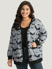 Halloween Bat Print Pocket Button Up Rib Knit Coat