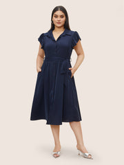Plain Pleated Button Through Cap Sleeve Dress