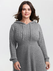 Textured Hooded Waist-Defining Sweater Dress