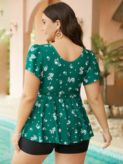 Floral Print V Neck Ruffle Sleeve Tankini Top