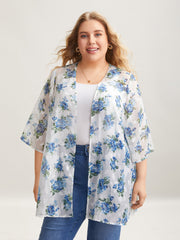 Textured Printed Puff Sleeve Kimono Cardigan