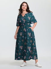 Floral Print Pockets Notched Collar Maxi Dress