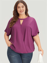 Solid Keyhole Gathered Dolman Sleeve Blouse