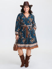 Floral Print Pockets Belted Waist Midi Dress