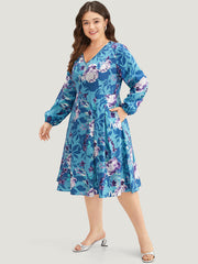 Floral Print Pleated Flutter Zipper Dress