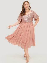 Sequin Patchwork Belted Flutter Hem Midi Dress