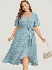 Gingham Pocket Belted Ruffle Trim Surplice Neck Dress